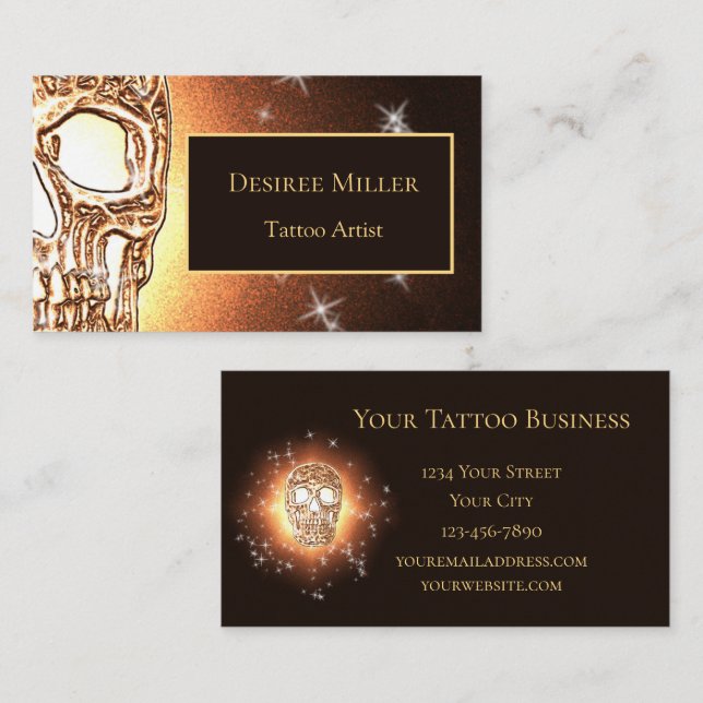 Girly Skull Gothic Gold Yellow Glitter Metallic Business Card (Front/Back)