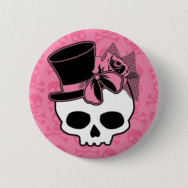 Girly Skull with Hat and Pink Bow Button (Front)