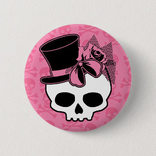 Girly Skull with Hat and Pink Bow Button