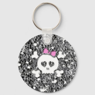Girly Skull with Pink Bow on Silver Glitter Look Keychain
