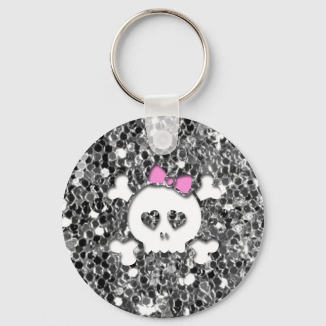 Girly Skull with Pink Bow on Silver Glitter Look Keychain (Front)