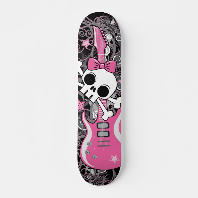 Girly Skull with Pink Guitar Skateboard Deck (Front)