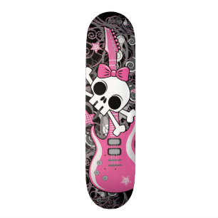 Girly Skull with Pink Guitar Skateboard Deck