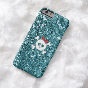 Girly Skull with Red Bow on Aqua Glitter Look Barely There iPhone 6 Case