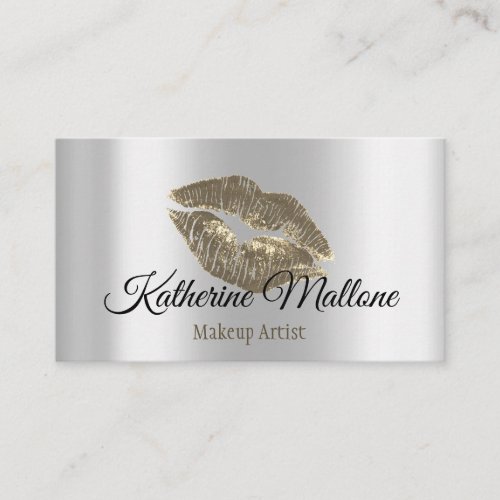 Girly Sleek Gold  Silver Kiss Lips Makeup Artist Business Card