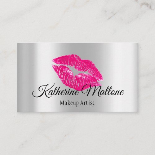 Girly Sleek Pink  Silver Kiss Lips Makeup Artist Business Card