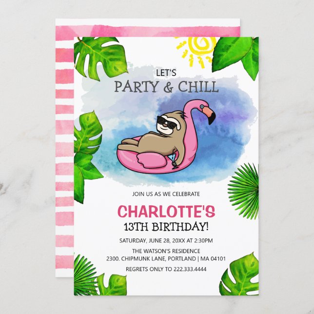 Girly Sloth | Party & Chill Birthday Invitation (Front/Back)