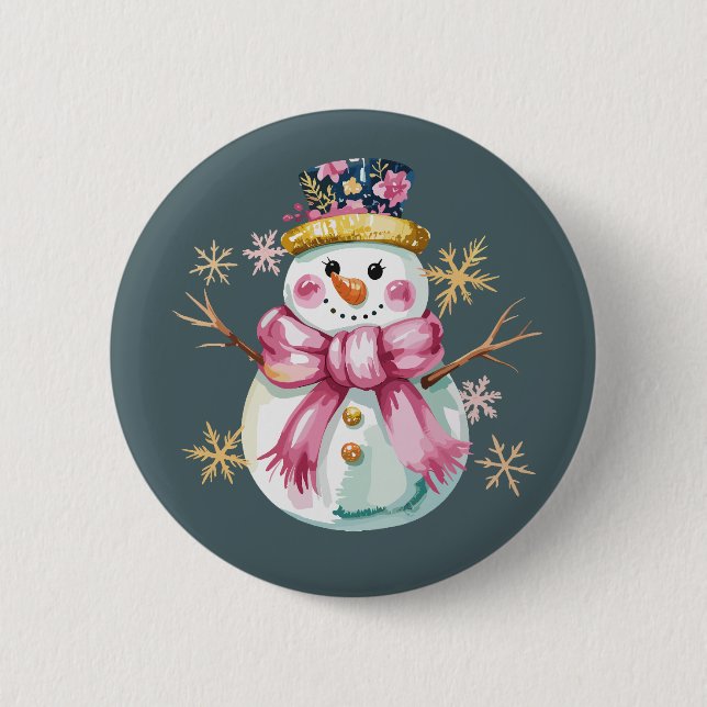 Girly Snowman Winter Holiday Christmas Cute  Button (Front)