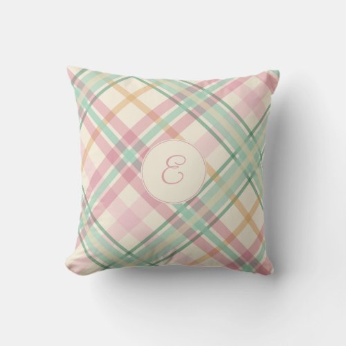 girly soft mint pink summery plaid her monogram throw pillow