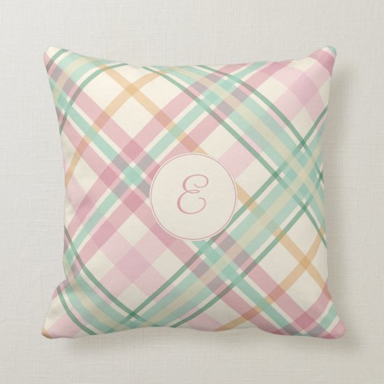 girly soft mint pink summery plaid her monogram throw pillow