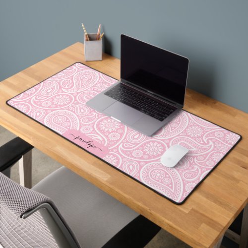 Girly soft pink and white paisley custom monogram desk mat