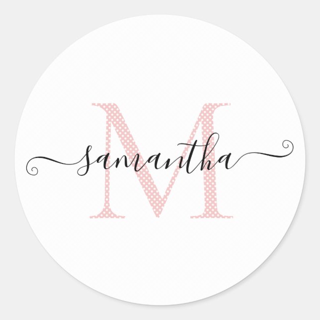 Girly Soft Pink and White Polka Dot Monogram Classic Round Sticker (Front)