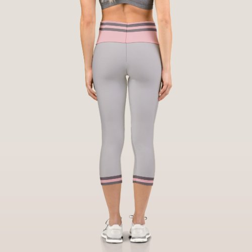 Girly Solid Color Light Gray Pink Stripe Line Capri Leggings