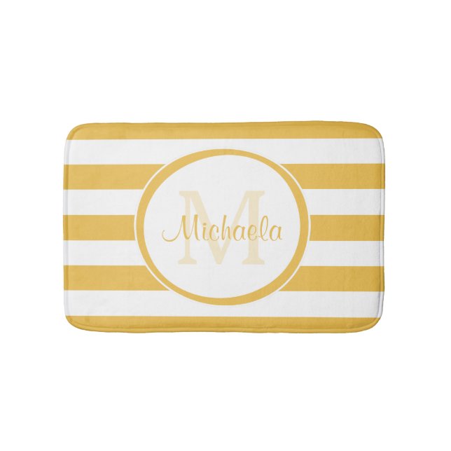 Girly Solid Yellow Stripes With Monogrammed Name Bathroom Mat (Front)