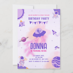 Girly Space Adventure Purple Pink Birthday Invitation