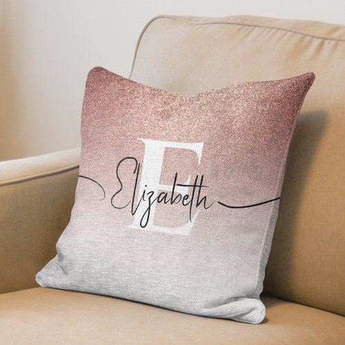 Girly Sparkle Rose Gold Glitter Ombre Monogrammed Throw Pillow