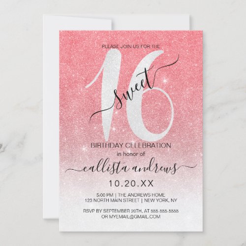 Girly Sparkly Coral White Glitter Ombre Sweet 16 Invitation