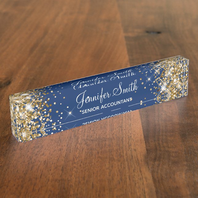 Girly Sparkly Gold Glitter Navy Blue Desk Name Plate (Side)