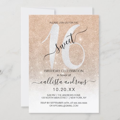 Girly Sparkly Gold White Glitter Ombre Sweet 16 Invitation