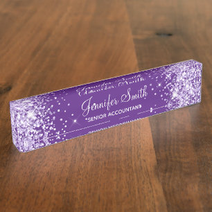 Girly Sparkly Lavender Glitter Royal Purple Desk Name Plate