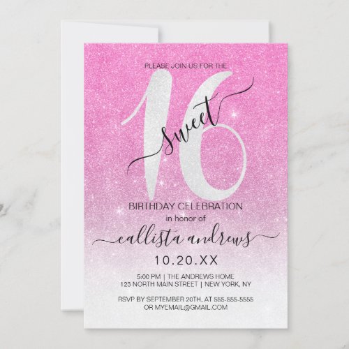 Girly Sparkly Pink White Glitter Ombre Sweet 16 Invitation
