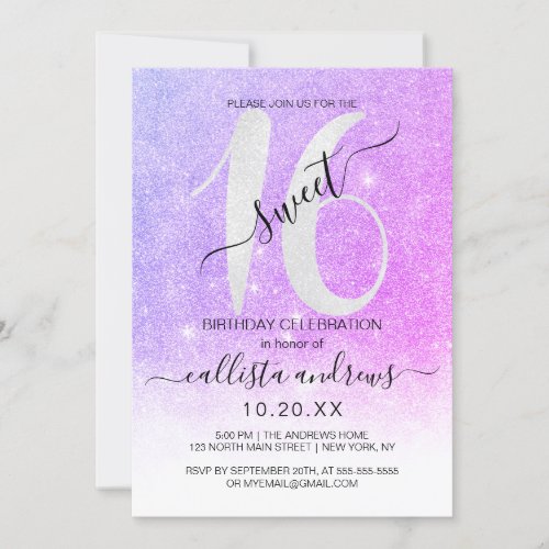 Girly Sparkly Purple White Glitter Ombre Sweet 16 Invitation