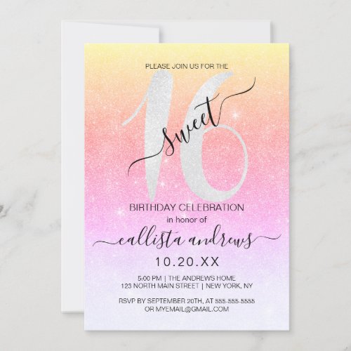 Girly Sparkly Rainbow Glitter Ombre Sweet 16 Invitation