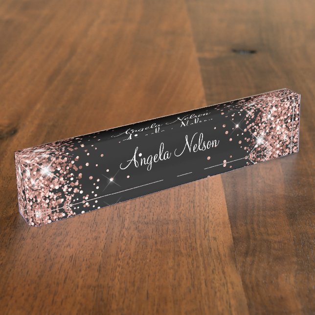 Girly Sparkly Rose Gold Glitter Black Desk Name Plate (Side)