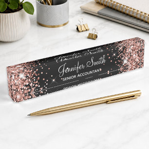 Girly Sparkly Rose Gold Glitter Black Desk Name Plate