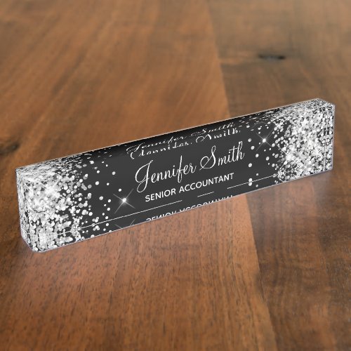 Girly Sparkly Silver Glitter Black Desk Name Plate