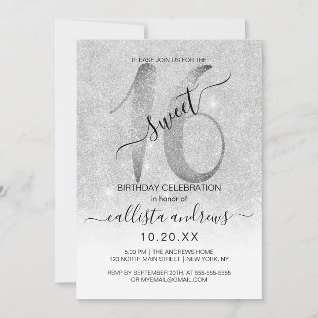 Girly Sparkly Silver White Glitter Ombre Sweet 16 Invitation (Front)