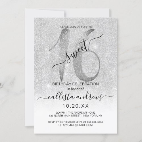 Girly Sparkly Silver White Glitter Ombre Sweet 16 Invitation