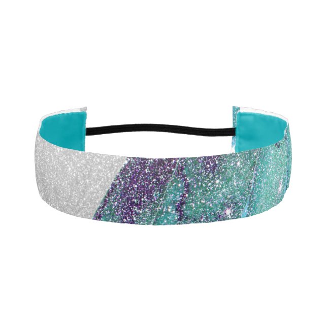 Girly Sparkly Teal Blue and Black Faux Glitter Athletic Headband (Front)