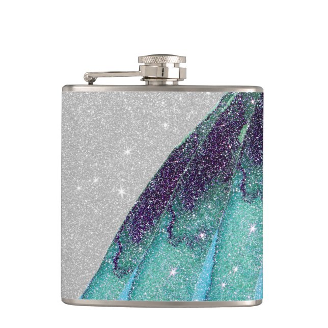 Girly Sparkly Teal Blue and Black Faux Glitter Flask (Front)