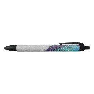 Girly Sparkly Teal Blue and Black Faux Glitter Pen