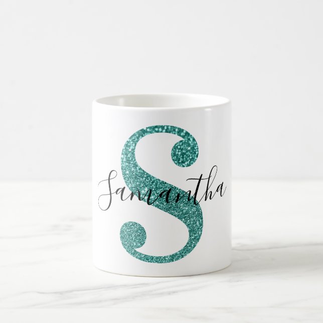 Girly Sparkly Teal Glitter Letter S Monogram Coffee Mug (Center)