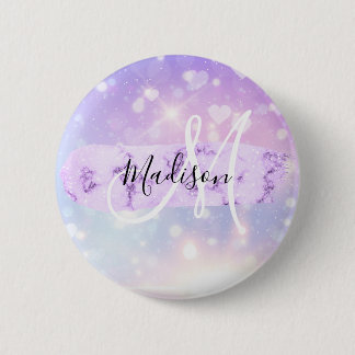 Girly Sparkly Unicorn Rainbow Hearts Monogram Button