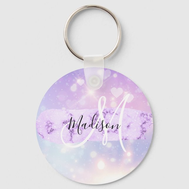 Girly Sparkly Unicorn Rainbow Hearts Monogram Keychain (Front)