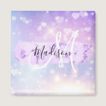 Girly Sparkly Unicorn Rainbow Hearts Monogram Magnet