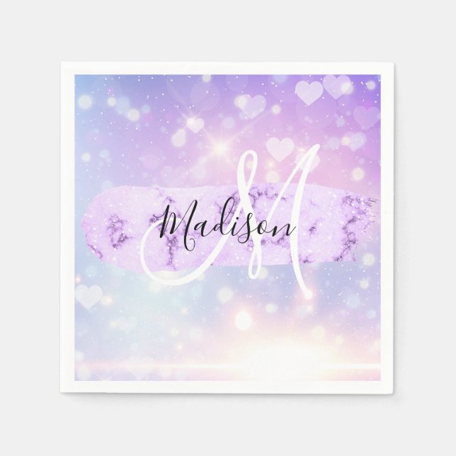 Girly Sparkly Unicorn Rainbow Hearts Monogram Napkins (Front)