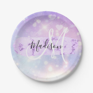 Girly Sparkly Unicorn Rainbow Hearts Monogram Paper Plates