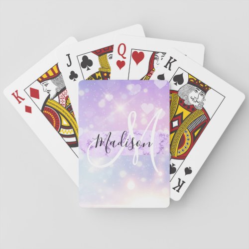 Girly Sparkly Unicorn Rainbow Hearts Monogram Playing Cards