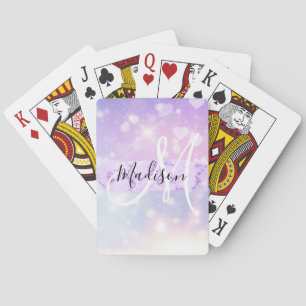 Girly Sparkly Unicorn Rainbow Hearts Monogram Poker Cards