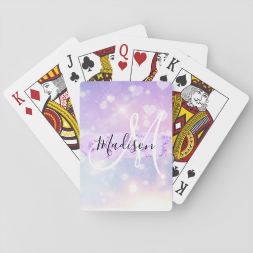 Girly Sparkly Unicorn Rainbow Hearts Monogram Poker Cards