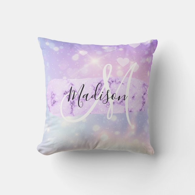 Girly Sparkly Unicorn Rainbow Hearts Monogram Throw Pillow (Front)