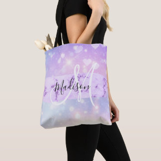 Girly Sparkly Unicorn Rainbow Hearts Monogram Tote Bag