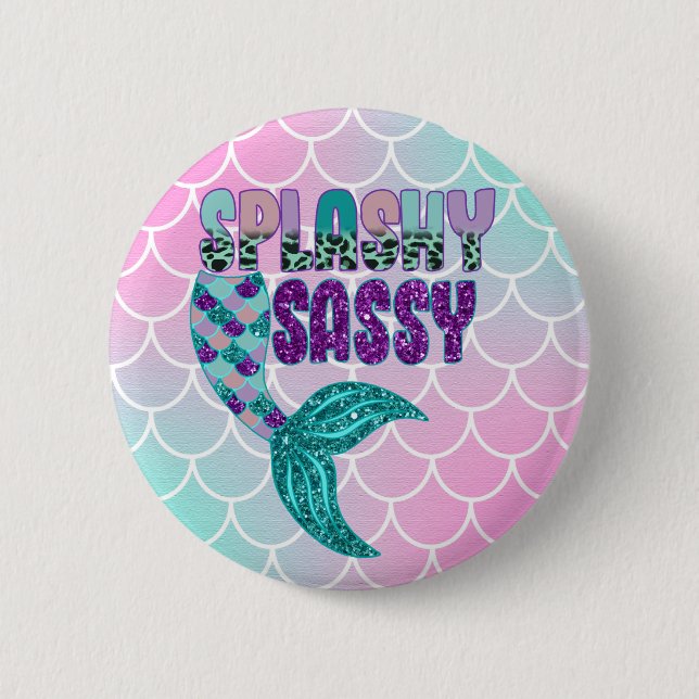 Girly Splashy Sassy Pink Purple Green Mermaid Tail Button (Front)