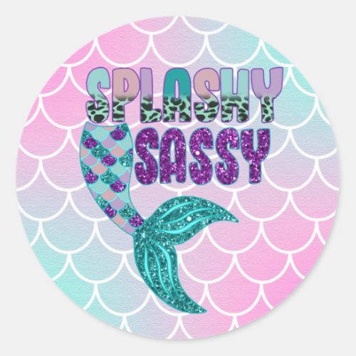 Girly Splashy Sassy Pink Purple Green Mermaid Tail Classic Round Sticker