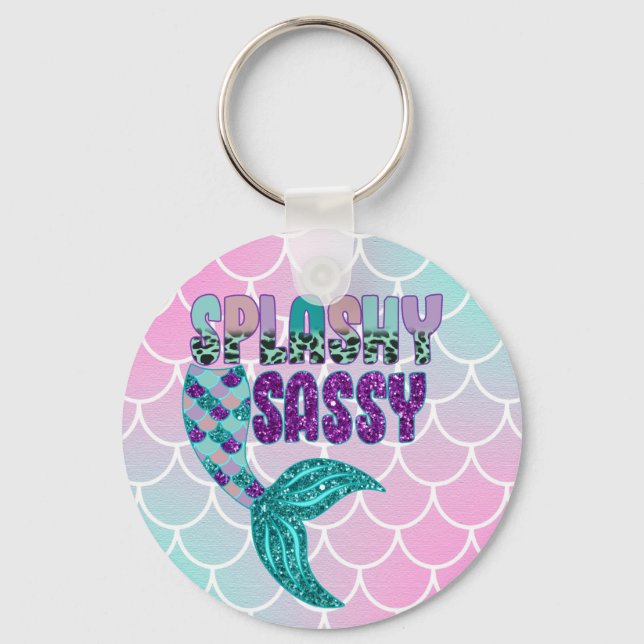 Girly Splashy Sassy Pink Purple Green Mermaid Tail Keychain (Front)