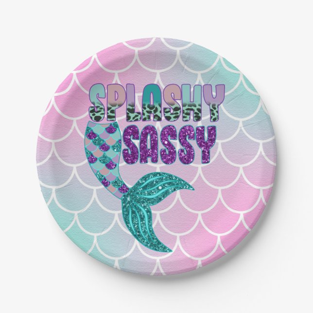 Girly Splashy Sassy Pink Purple Green Mermaid Tail Paper Plates (Front)